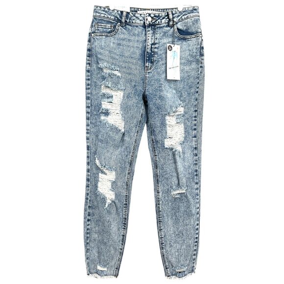 NWT Tinseltown Women's The Mom Jeans Size 13 High Rise Distressed Blue Stretch - Picture 1 of 10